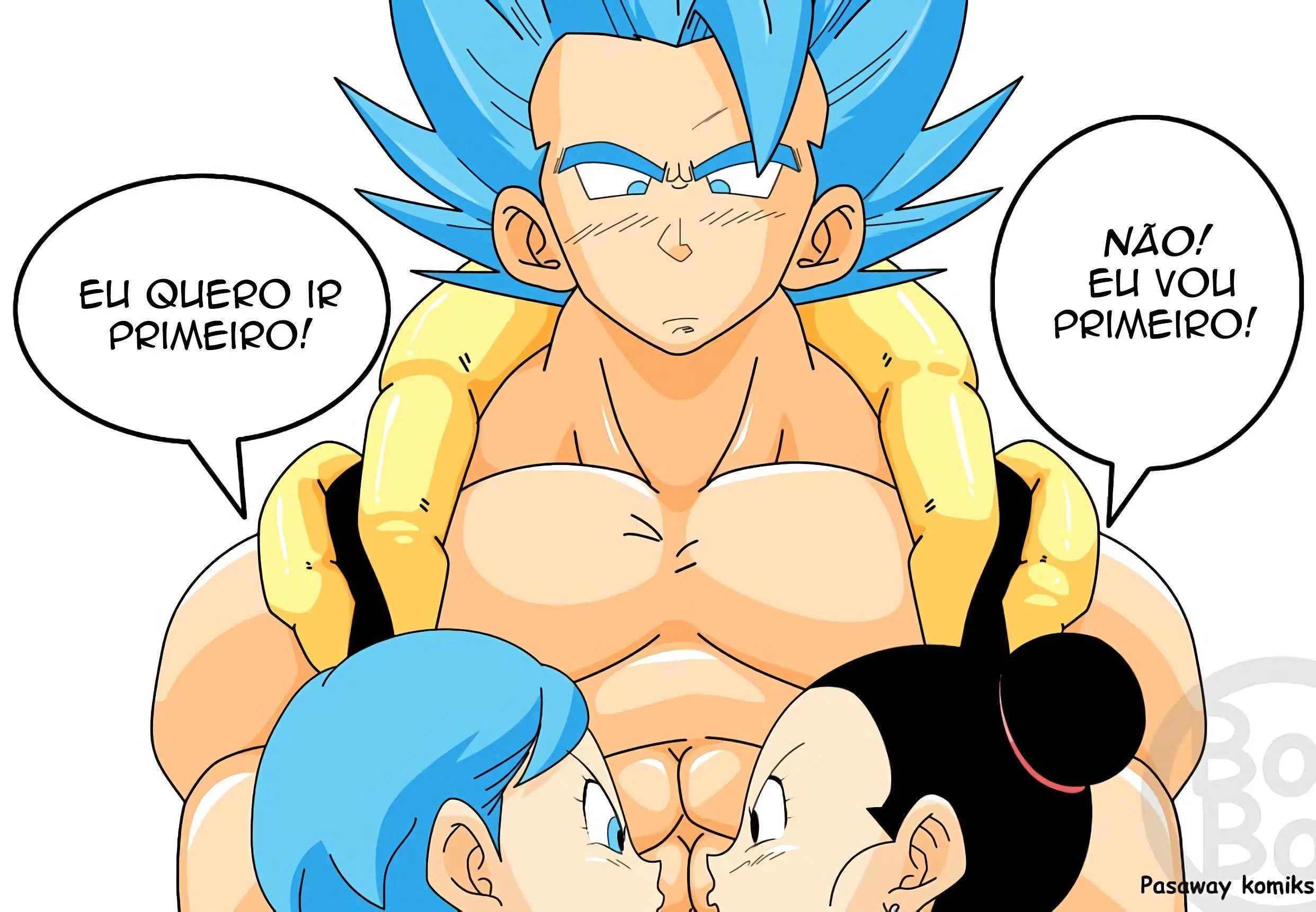 Bulma e Chichi encarando Gogeta – Peitões – Versão PT-BR