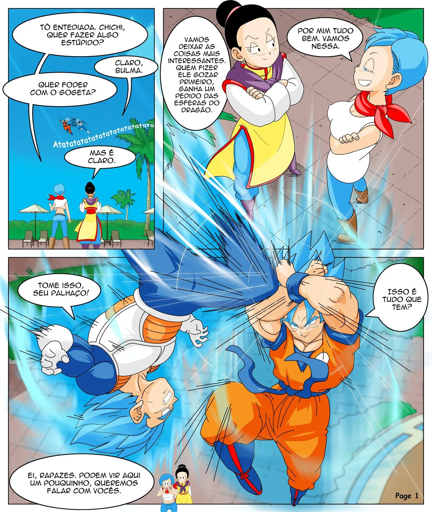Bulma e Chichi encarando Gogeta – Peitões – Versão PT-BR